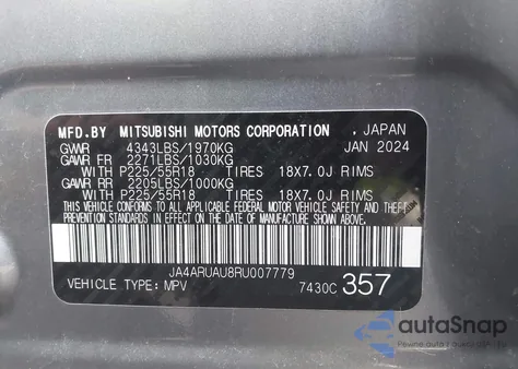 2024 Mitsubishi Outlander Sport 2.0 Es Awc/2.0 Le Awc/2.0 Ralliart Awc/2.0 S Awc/2.0 Se Awc/2.0 Trail Edition Awc/Es/S/Trail Edition from USA, damaged, VIN JA4ARUAU8RU007779